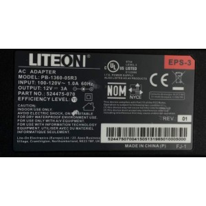 CARGADOR / ADAPTADOR DE FUENTE DE ALIMENTACION VCA-VCD / LITEON / NUMERO DE PARTE 524475-070 / ENTRADA VCA 100-120V~ 1.0A / 60HZ / SALIDA VCD 12V 3A / EPS-3 / MODELO PB-1360-05R3